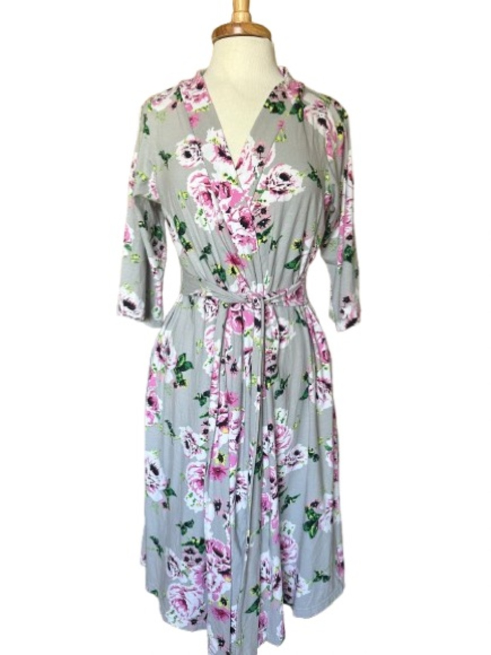 Baby Be Mine Maternity Nursing Postpartum Delivery Robe S/M Gray Floral Cotton